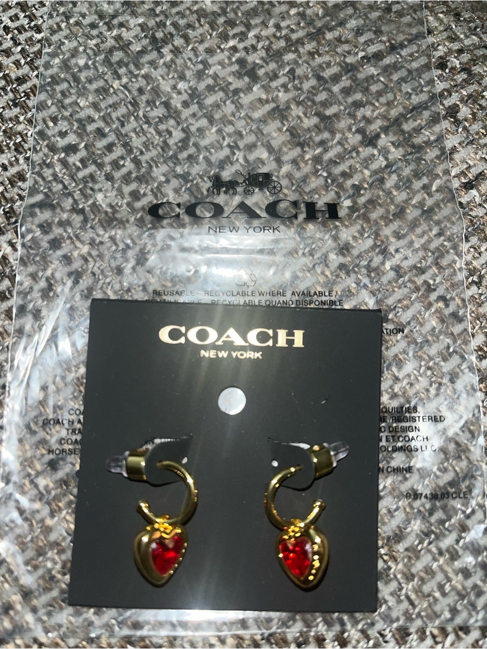 COACH New York Gold Hoop Earrings with Red Heart Charm